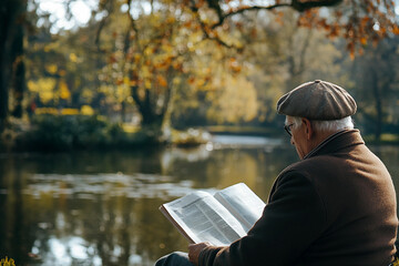Fototapeta premium Elderly person reading newspaper in peaceful autumn spring summer park during quiet relaxing afternoon
