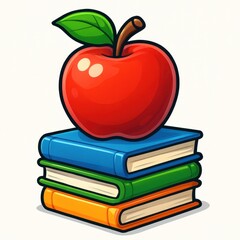3D Red Apple with Leaf on Colorful Books. AI Generative.