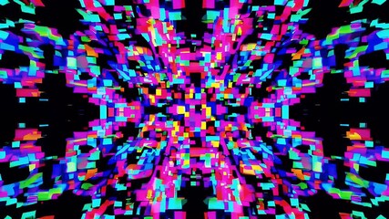 abstract animation of digital interference with pixelated colorful glitch effects creating an otherworldly visual display of broken binary signals perfect for futuristic or sci fi themed motion