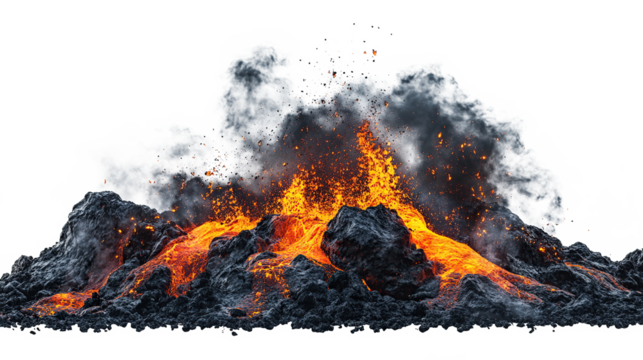 Volcanic eruption with hot lava flow and black smoke isolated on transparent background. PNG