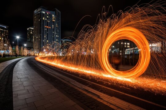 Long Exposure of Sparks Creating a Fiery Circle at Night near Urban Skyline - Powered by Adobe