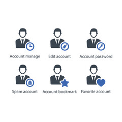 Fototapeta premium Account manage, Edit account, Password, Spam account, Bookmark, Favourite account, icon