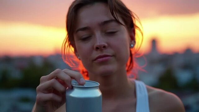 Young woman enjoying sunset views while drinking a canned refreshment