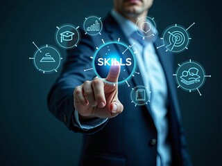 Skills development and personal growth concepts with businessman interacting with digital icons representing training and education