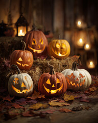 Zbiór dyni w różnych kolorach, wyciętych w fantazyjne i straszne wzory. Kreatywne dekoracje halloweenowe w jesiennym klimacie.

