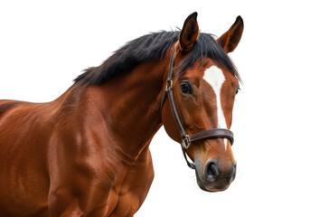 Obraz premium A majestic brown horse with a dark mane and a white blaze on its forehead, wearing a bridle, isolated on a transparent background