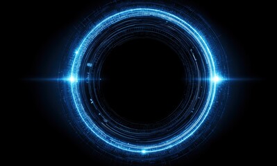 Abstract futuristic blue glowing light ring circle on black background as high-tech hologram or digital portal frame for technology concept