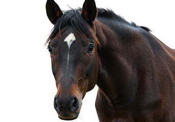 Closeup portrait of a dark brown horse with a white marking on its forehead, looking forward, isolated on a transparent background