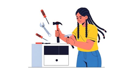 Woman Working on Furniture with Tools and Smiling, Diy Concept