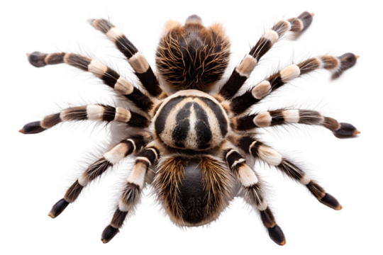 A closeup, topdown view of a hairy, striped tarantula spider, isolated on a transparent background
