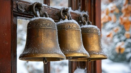 Three antique brass bells, covered in snow, hanging from a wooden structure