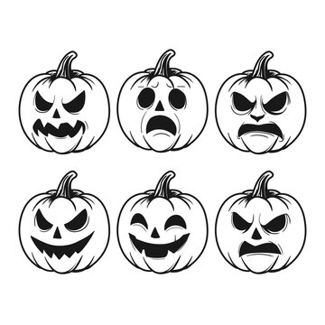 black and white Halloween Pumpkin character different face emotions