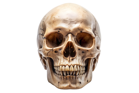 A detailed, frontfacing view of a human skull, revealing its bony structure and facial features, isolated on a transparent background