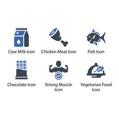 Cow Milk, Chicken Meat, Fish, Chocolate, Strong Muscle, Vegetarian Food, icon