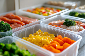 Generative AI image of healthy meal prep containers with vegetables, meat, and assorted side dishes for convenient takeaway lunch