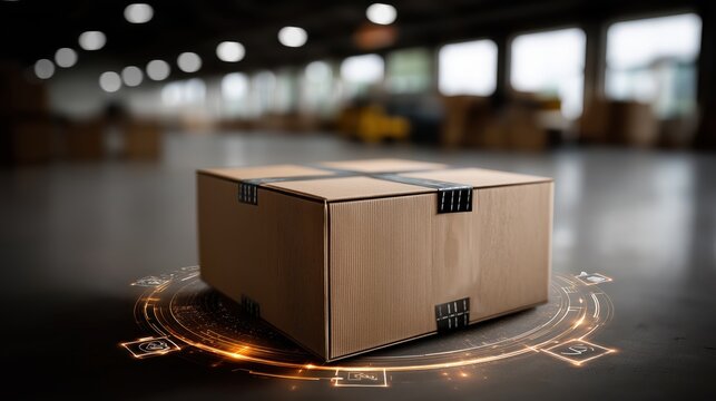 Shipping box surrounded by tracking icons and digital interface, modern parcel logistics technology concept