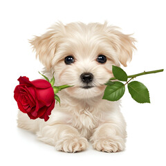 Small white puppy holding red rose flower in mouth