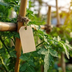 Blank Tag on Tomato Plant in Garden Setting with Natural Light