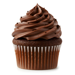 Chocolate cupcake topped with swirled chocolate frosting and decoration