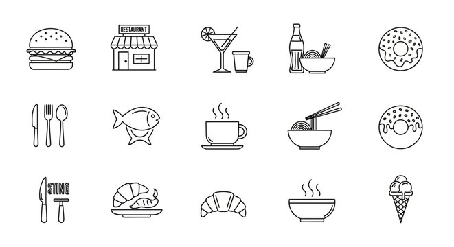 Food Icons: A curated collection of meticulously crafted line art icons, depicting everything from burgers and beverages to pastries and plates, perfect for menus, websites, and design projects.