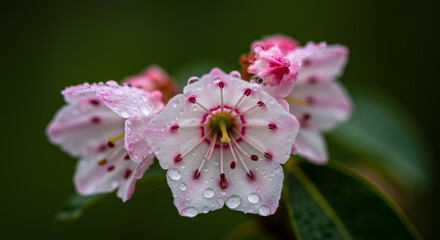 High-Detail Botanical Macro of Kalmia latifolia Blossom with Intricate Petal Speckling and Morning Dew