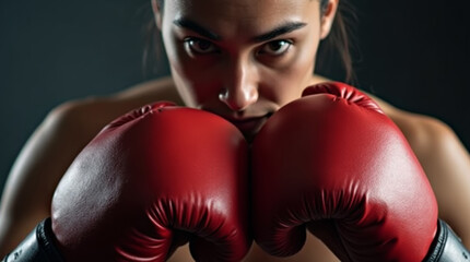 Young female boxer in a stand-up pose wearing red boxing gloves, selective focus