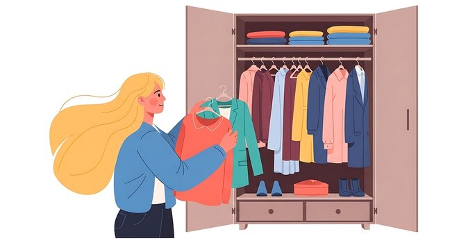 Woman Choosing Outfit From Wardrobe with Hanging Clothes