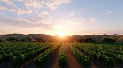 Fototapeta premium Breathtaking Sunrise Over Lush Vineyard Rows in Rolling Countryside Landscape with Warm Colors and Soft Clouds