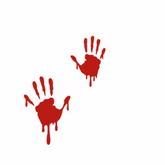 Fototapeta premium Red handprints with dripping paint on white background 