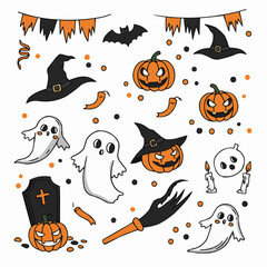 Fototapeta premium Halloween illustrations with pumpkins, ghosts, bats, and witch hats 