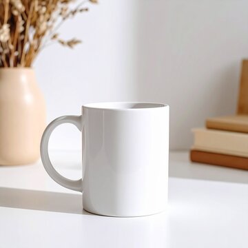 Mockup de taza blanca sobre fondo neutro, iluminaci&oacute;n suave, estilo minimalista, espacio en blanco para dise&ntilde;o personalizado