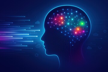 Obraz premium Mindscape: Silhouette of a head showcasing the brain, adorned with an intricate network of interconnected nodes representing the marvels of the human intellect, highlighting artificial intelligence.