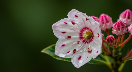 Hyperrealistic Macro Image of Mountain Laurel Flower with Dew and Soft Lighting, Botanical Quality, Isolated Floral Detail