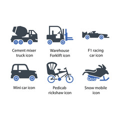 Cement mixer truck, Warehouse Forklift, F1 racing car, Mini car, Pedicab rickshaw, Snow mobile, icon