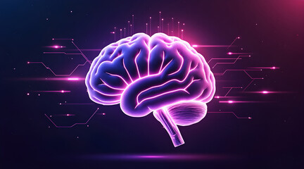 Abstract glowing neon purple brain with digital circuits and light streaks on a dark futuristic background