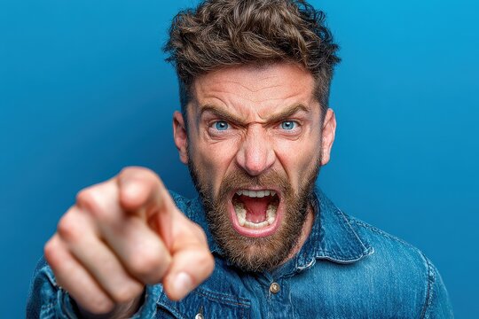 Man in blue denim jacket shouts and points his finger directly at the viewer with an angry facial expression
