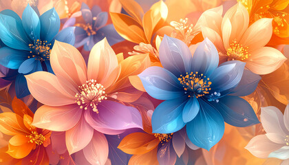Fototapeta premium Radiant Bloom: A vibrant digital illustration featuring colorful flowers in bloom, showcasing a harmonious blend of blue, orange, peach, and white tones.