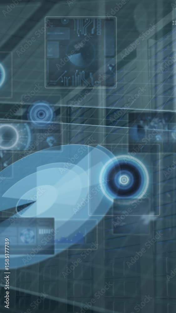 Poster animation of data processing and multiple round scanners against computer server room