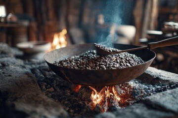Traditional coffee roasting process over an open flame in rustic setting