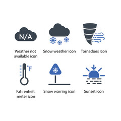 Weather not available, Snow weather, Tornadoes, Fahrenheit meter, Snow warring, Sunset, icon