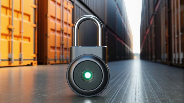 A padlock stands prominently on a shipping container floor, symbolizing security and protection in a logistics environment.