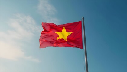 Vietnamese flag waving majestically against a clear blue sky during the day, symbolizing national pride and unity in Vietnam Generative AI