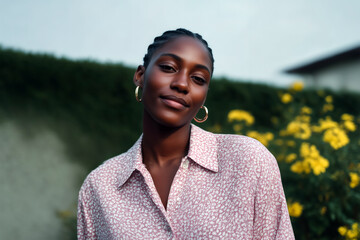 Confident young woman standing in garden with yellow flowers in background