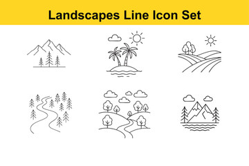 Fototapeta premium Landscapes Line Icon Set Featuring Mountains Trees Island River Clouds and Sun in a Minimalist Style