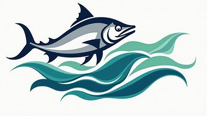 Obraz premium Graphic illustration of a fish leaping through stylized ocean waves.