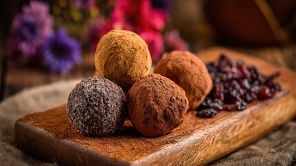 Gourmet chocolate truffles on wooden board. Perfect for food blogs, restaurant menus, and packaging design. Ideal for commercial use.