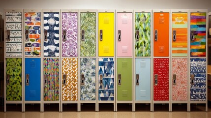 Row of vintage colorful lockers in clean school hallway interior with decor. Locker Supplies and Decor