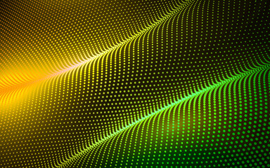 Abstract flowing particle waves in yellow and green gradient, futuristic technology background, vibrant digital dots pattern, data stream concept