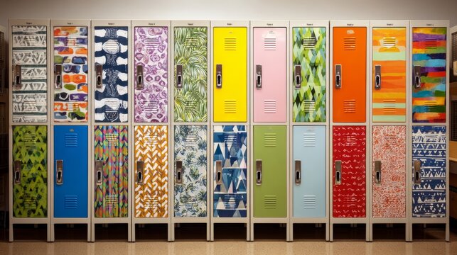 Row of vintage colorful lockers in clean school hallway interior with decor. Locker Supplies and Decor