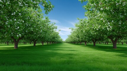 Lush Green Orchard Under Clear Blue Sky with Rows of Fruit Trees and Vibrant Grass